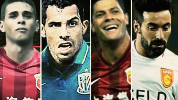 نجوم الدوري الصيني من الناحية اليمنى (إيزيكييل لافيتزي وهالك وكارلوس تيفيز وأوسكار)