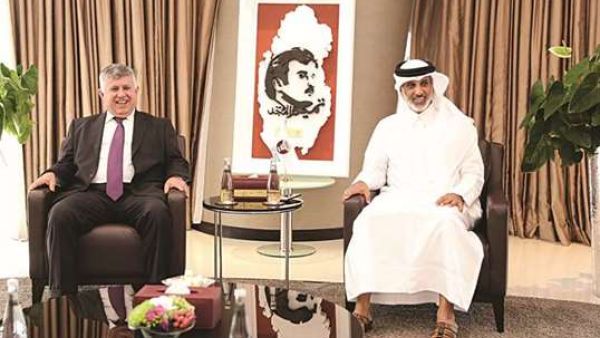Qatar Football Association president Sheikh Hamad bin Khalifa bin Ahmed al-Thani (right) with his Iraqi counterpart Abdulkhaleq Masoud in Doha yesterday. (Photo: Qatar Times)