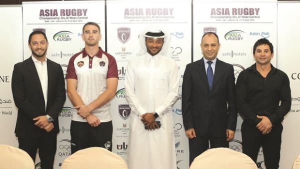 (From left) IEC general manager Joe Karrat, Qatar national rugby 15s team captain Tom Featherstone, team manager Hamad Anbar Abdulla, Copthorne Hotel general manager Kabalan Frangieh and QRF senior coordinator Samuel Rico at a press conference ahead of the tri-nation Asia Rugby Championship Division III (source: Gulf Times)
