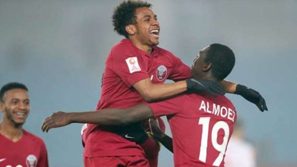 Qatar's Almoez Ali (right) and Hisham Ali celebrate during their team's quarter-final match against Palestine in the Asian U23 Championship in Changzhou, China, Friday. Almoez scored two goals and Hisham added a third as Qatar defeated Palestine 3-2 in a thrilling game to qualify for the semi-finals. (Photo: Gulf Times)