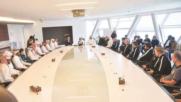 Members of the Qatar U-23 football team along with the coaching and technical staff were honoured yesterday by Qatar Football Association President Sheikh Hamad bin Khalifa bin Ahmed al-Thani for their excellent show at the recent Asian U-23 Championship in China. (Photo: Noushad Thekkayil)