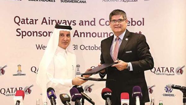 Qatar Airways Group Chief Executive, Akbar al-Baker, and the Secretary-General from CONMEBOL, José Manuel Astigarraga, sealing the sponsorship agreement yesterday. (Photo: Gulf Times)