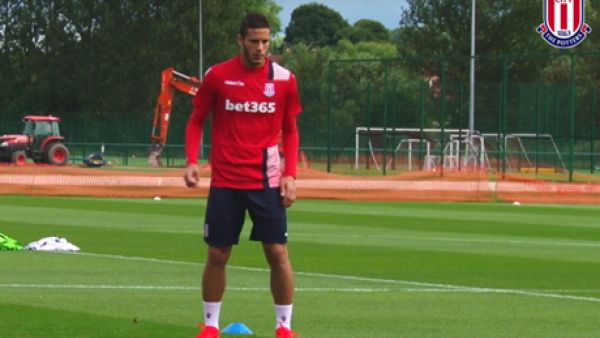 Snapshot from a video published on Stoke City's official Youtube channel for Ramadan Sobhi's first day at club training
