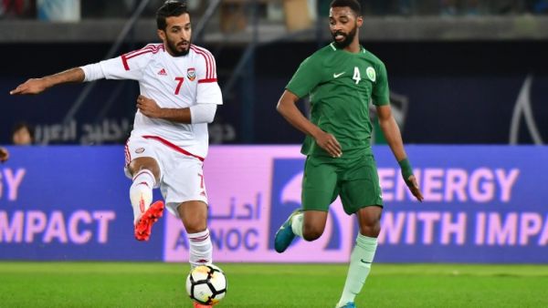 Saudi's Mohammed Al-Khabrani (R) vies for the ball with Emirates' Ali Mabkhout during the 2017 Gulf Cup of Nations football match between UAE and Saudi Arabia at the Sheikh Jaber al-Ahmad Stadium in Kuwait City on December 25, 2017.
GIUSEPPE CACACE / AFP