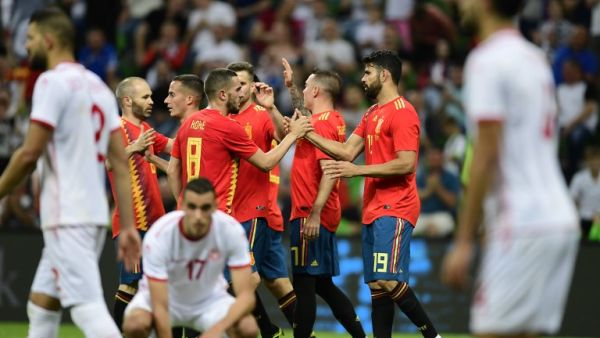 Spain's forward Iago Aspas (2nd R) celebrates with team mates after scoring a goal during the friendly football match between Spain and Tunisia at Krasnodar's stadium on June 9, 2018.
PIERRE-PHILIPPE MARCOU / AFP