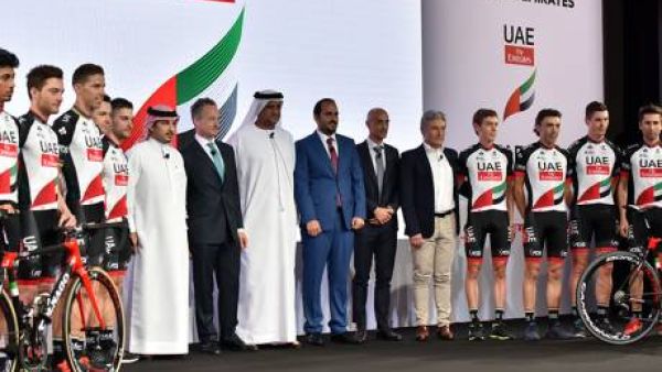 UAE cycling team are seen with the organizers and sponsors during the media launch at the Crown Plaza, Yas Island, Abu Dhabi on Tuesday (Photo: Gulf News)