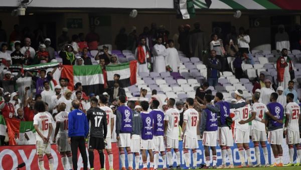 Emirate players acknowledge their supporters at the end of the 2019 AFC Asian Cup group A football match between the United Arab Emirates and Thailand at the Hazza bin Zayed Stadium in Al-Ain on January 14, 2019.
Khaled DESOUKI / AFP