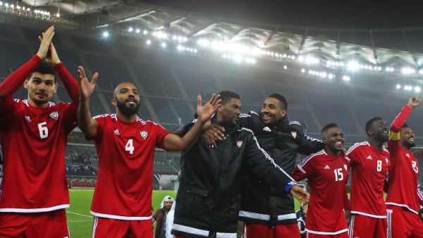 UAE's players celebrate after winning the penalty shoot-out at the end of the 2017 Gulf Cup of Nations semi-final football match between Iraq and the UAE at the Sheikh Jaber al-Ahmad Stadium in Kuwait City on January 2, 2018.
Yasser Al-Zayyat / AFP