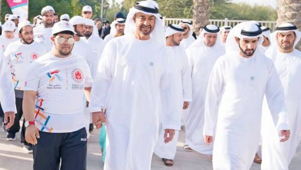 Shaikh Mohammad Bin Zayed and Shaikh Hamdan take part in the Walk Unified initiative at Umm Al Emarat Park. (Photo: WAM)