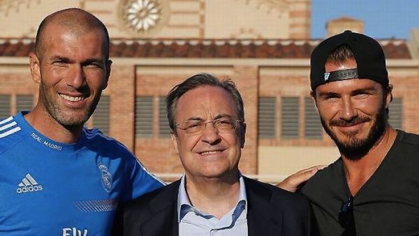 صورة أرشيفية لبيكهام (يمين) وبيريز (وسط) وزيدان