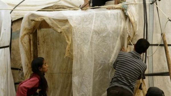 A Syrian refugee family covers their make shift home with plastic sheeting as a rain and cold weather front envelops the region, close to the southern Lebanese village of Sardah on December 29, 2013. [AFP]