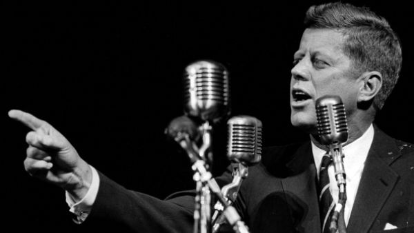 John Fitzgerald Kennedy giving a speech during the election campaign. Boston, 1960. [Getty Images]