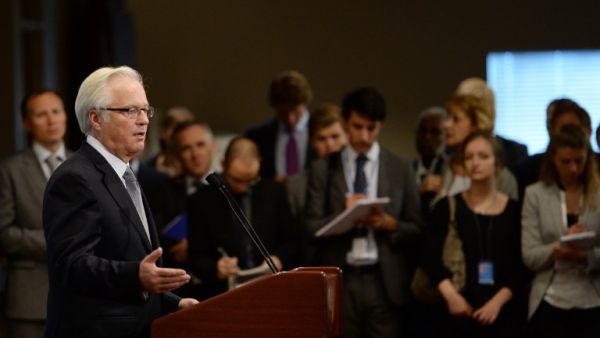 Vitaly Churkin, Russia's Ambassador to the United Nations, speaks to the media after attending a briefing in the Security Council on the weapons inspectors report on chemical weapons in Syria. [AFP]