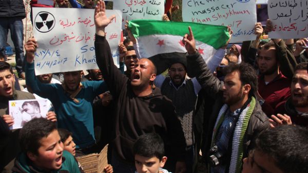 Residents of Khan Sheikhun protest against chemical attack by government forces (AFP/ File)