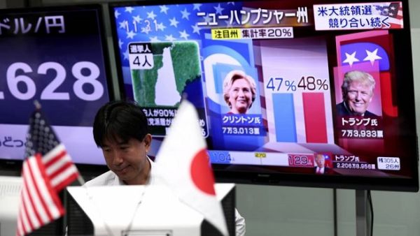 A currency trader in Tokyo observes progress in the US presidential election as a TV channel displays portraits of contenders Hillary Clinton and Donald Trump. (AFP)