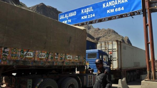 A truck passes through the contested Torkham border. (AFP/File)