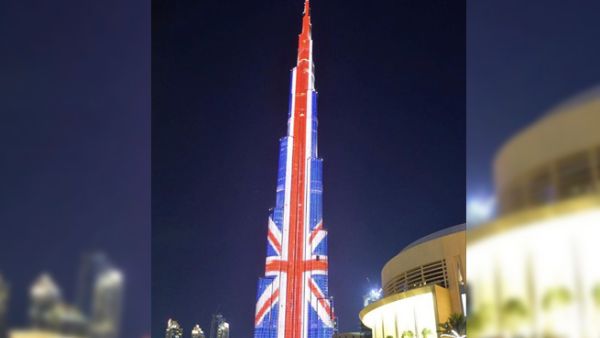 Dubai's Burj Khalifa lights up in the colors of the Union Jack. (Instagram/DowntownDubai)