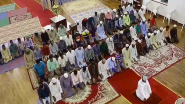 Maghrib prayers are held inside a UAE church hall on Friday (screenshot/Youtube)