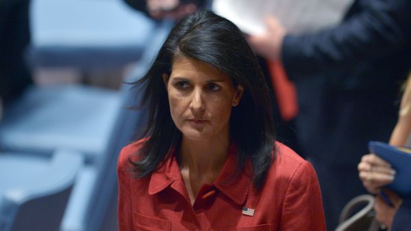 US Ambassador to the United Nations, Nikki Haley, at a Security Council meeting on 7 April 2017. (AFP/Jewel Samad)