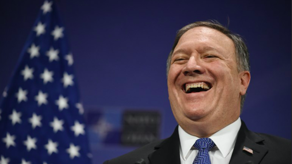 U.S. Secretary of State Mike Pompeo comes to Riyadh from Brussels where he attended a Foreign Ministers' meeting at the NATO headquarters in Belgium on April 27, 2018.  JOHN THYS / AFP
