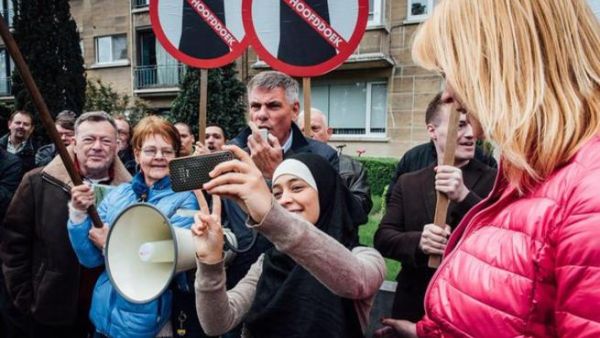 Zakia Belkhiri at a protest by far-right Vlaams Belang members in Antwerp, Belgium (Twitter-Jurgen Augusteyns)