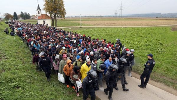 About 1000 migrants and refugees are escorted by Slovenian police from the border with Croatia near the village Rigonce in Slovenia on October  22, 2015. (AFP/File)