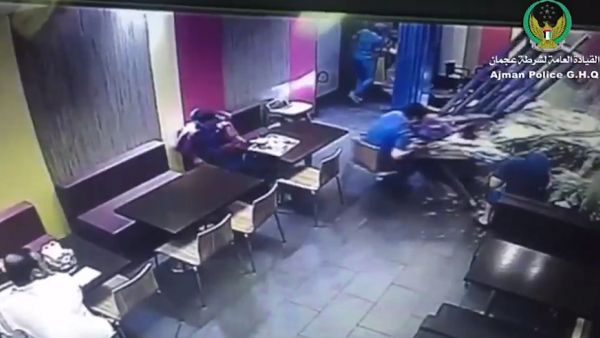 A driver plowed her vehicle into a restaurant in Ajman when she hit the gas pedal instead of the brakes. (Twitter)