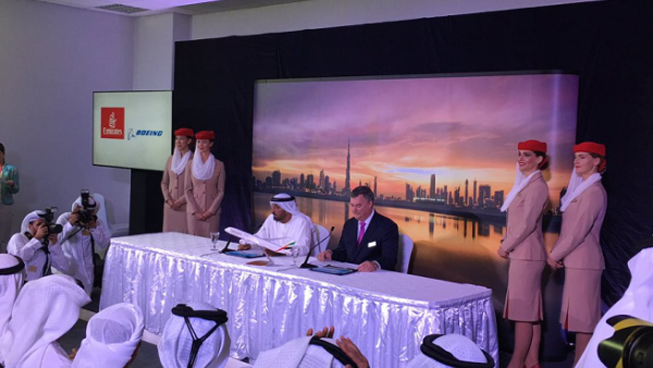 Emirates signed a deal to buy 40 Boeing 787s, valued at Dh55.4 billion ($15.1 billion) at the Dubai Airshow. (Courtesy of Emirates) Emirates signed a deal to buy 40 Boeing 787s, valued at Dh55.4 billion ($15.1 billion) at the Dubai Airshow. (Courtesy of Emirates)