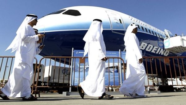 Emirati men visit the Dubai Airshow at its venue in Dubai. (AFP) Emirati men visit the Dubai Airshow at its venue in Dubai. (AFP)