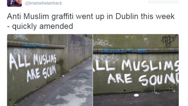 Pictures of the amended graffiti in Dublin have been shared widely on social media. (Twitter)
