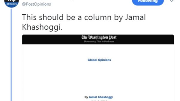 "واشنطن بوست" تنشر مقالا فارغا: هنا عمود خاشقجي الأسبوعي
