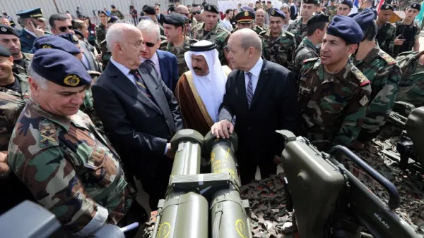 French and Lebanese Defense Ministers at the handover ceremony of the first batch of $3B French arms delivery, financed with a Saudi grant. (AFP/File)