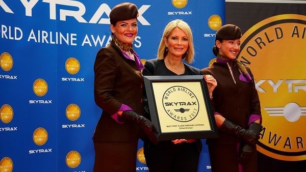 Linda Celestino, Etihad Airways Vice President Guest Experience Delivery, receives the Skytrax World Airline Awards for World’s Best First Class Airline, World’s Best First Class Onboard Catering and World’s Best First Class Airline Seat.