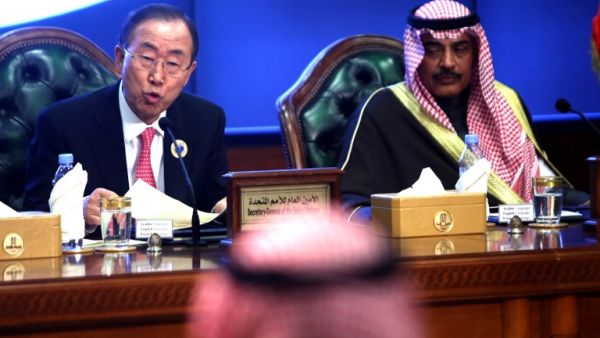 UN Secretary General Ban Ki-moon (L) and Kuwaiti Foreign Minister Sheikh Sabah al-Khaled al-Sabah attend the opening ceremony of the Second International Humanitarian Pledging Conference for Syria. [AFP]