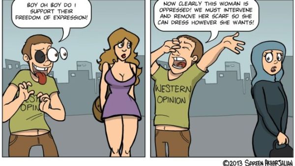 Hilarious artist Sareen exposes Western stereotypes over Muslim women in one simple comic. (2/3 of comic - courtesy of Ink on the side)