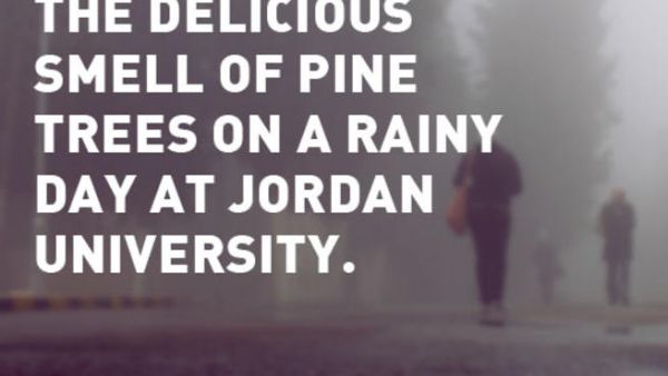 "The delicious smell of pine trees on a rainy day at Jordan university" [Image credit: And far away blog]