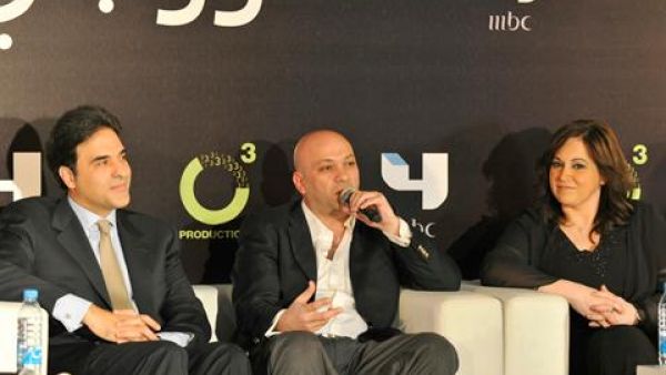 Adib Khair, center, with scriptwriter Claudia Marchalian, right, at a news conference for “Ruby” at MBC4 studios, last February.