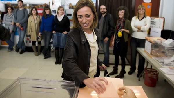 Spanish Minister of Defense Carme Chacón at the polls during Spain's General Elections.
