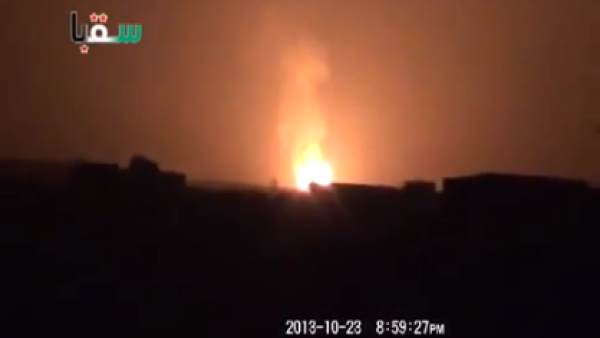 An image grab from a YouTube video shows a huge blaze burning near what activists say is Damascus airport. The explosion which caused the blaze triggered a capital-wide blackout on Wednesday evening, which is only just being repaired. (YouTube)