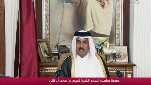An image grab taken from Qatar TV shows the new Emir of Qatar, 33-year-old Sheikh Tamim bin Hamad Al Thani, delivering his first televised speech to the nation as Emir in Doha on Wednesday. Tamim's accession makes him the youngest sovereign of any of the Gulf Arab monarchies. AFP PHOTO / QATAR TV