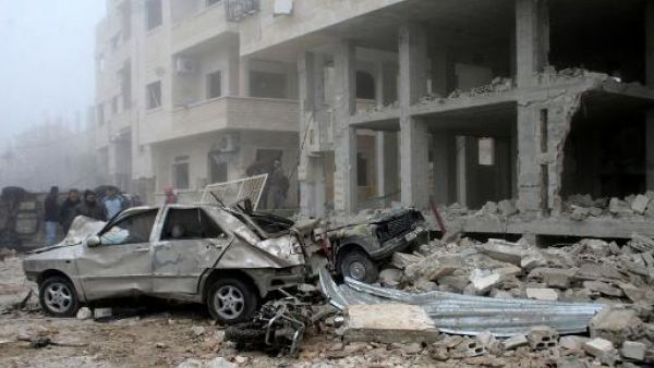 The scene following a suicide car bombing in Salmiyeh, a town in the central Syrian province of Hama, on January 22, 2013 (SANA/AFP, Ho)
