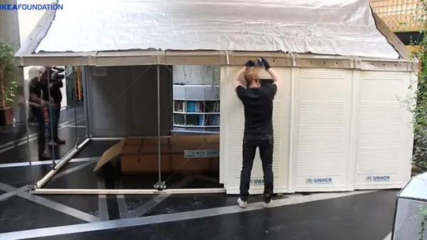 A pre-fabricated house is to serve as an alternative to tents for refugees that designed by the Swedish furniture manufacturer IKEA for UNHCR, in Beirut, Lebanon, July 24, 2013.
 