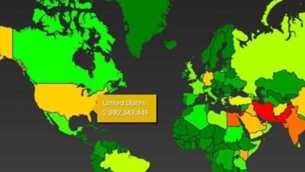 The countries in red are the ones under highest surveillance. (Photo courtesy of The Guardian).