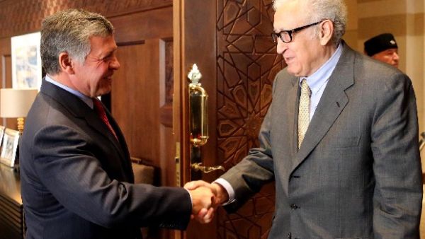 Jordan's King Abdullah and UN-Arab League envoy Lakhdar Brahimi discussed Jordan's willingness to support and facilitate a comprehensive political solution to the Syrian crisis. (Photo courtesy of the Jordan Times/ The Jordanian Royal Court)