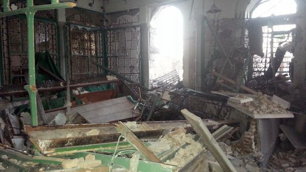 A handout image released by the Syrian opposition's Shaam News Network on July 22, 2013, allegedly shows the partially destroyed mausoleum of the Khaled bin Walid mosque (AFP/HO/SHAAM NEWS NETWORK)