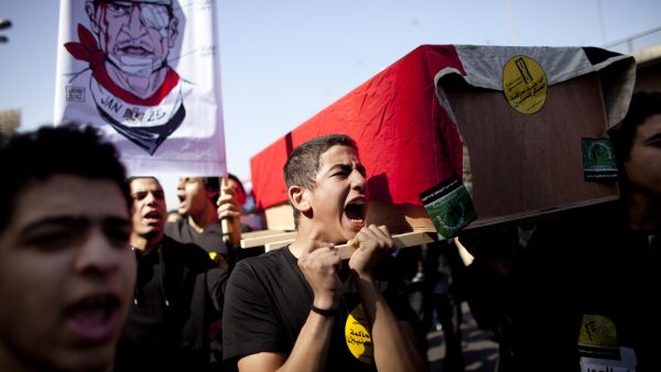 Protesters remember the victims of Port Said in light of the anniversary of Mubarak's resignation.