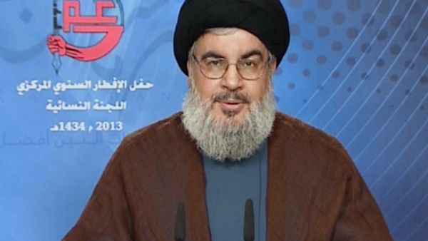 Hassan Nasrallah, the head of Lebanon's militant Shiite Muslim movement Hezbollah, giving a televised address from an undisclosed location on July 24, 2013 (AFP/AL-MANAR)