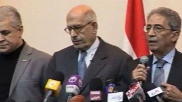Egyptian politicians Hamdeen Sabahy (L), Mohamed ElBaradei (C) and Amr Moussa (R) speaking at the opposition alliance’s conference. (Al Arabiya)