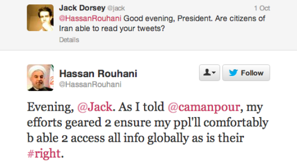 A screenshot of the tweets sent between Iranian President Hassan Rouhani and Twitter founder Jack Dorsey. (Twitter)