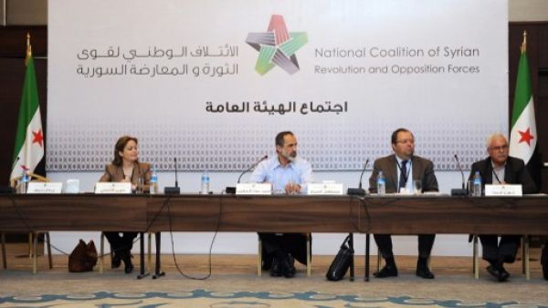  Suheir Attasi (L1) , Mostafa Sabbagh Syrian opposition's National Coalition chief Ahmed Moaz al-Khatib (CL) , Mostafa Sabbah(CR) and George Sebra (R) attend Syria's opposition coalition meeting on Monday in Istanbul to choose their first prime minister. (Photo: AFP / OZAN KOSE)